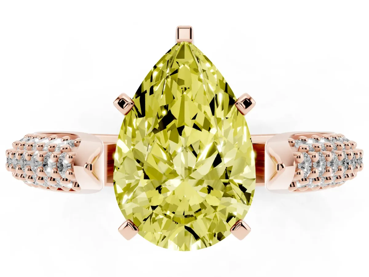 Fancy Yellow Pear Cut Diamond Solitaire Engagement Ring with Multi-Row Round Pavé Band and Prong Setting Rose gold