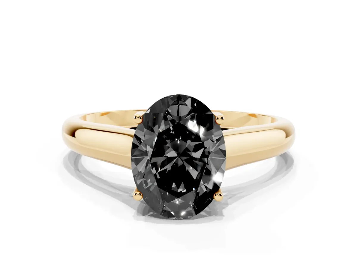 Fancy Black Oval Cut Solitaire Engagement Ring with Tapered Band and Four-Prong Setting Yellow gold
