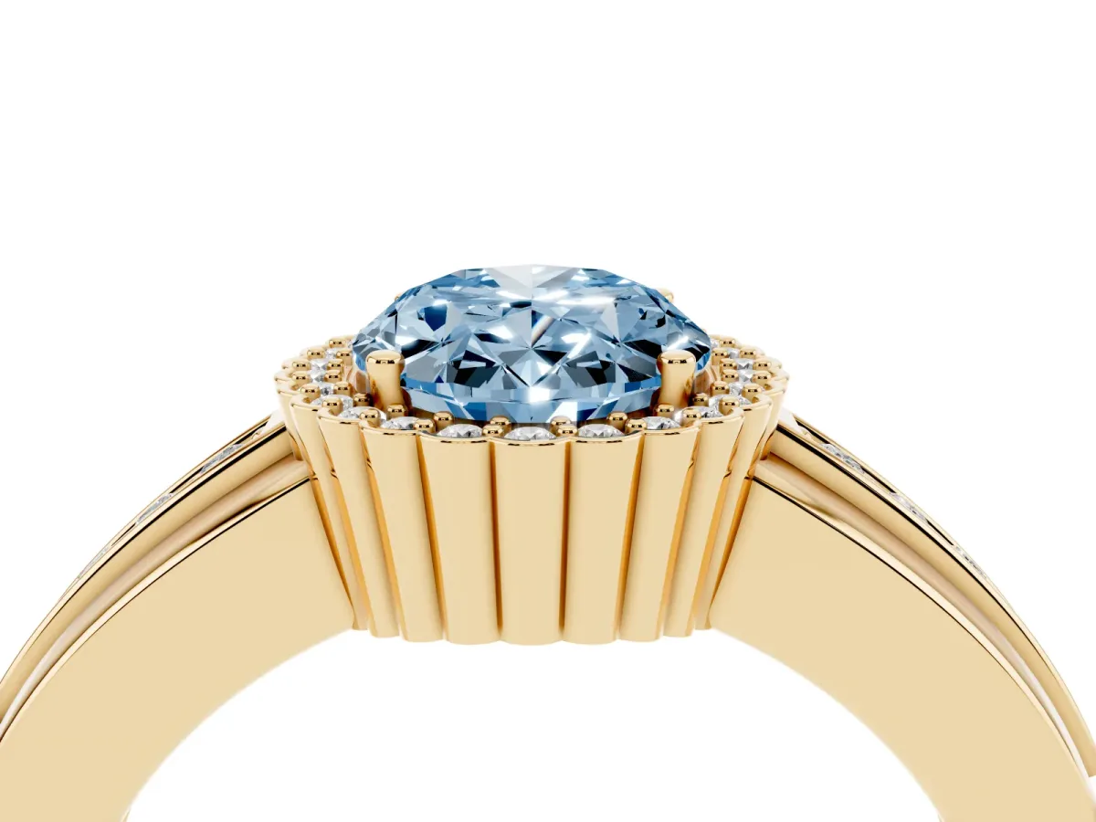 Fancy Blue Oval Cut Cut Halo Pave Band Four-Prong Ring Yellow gold
