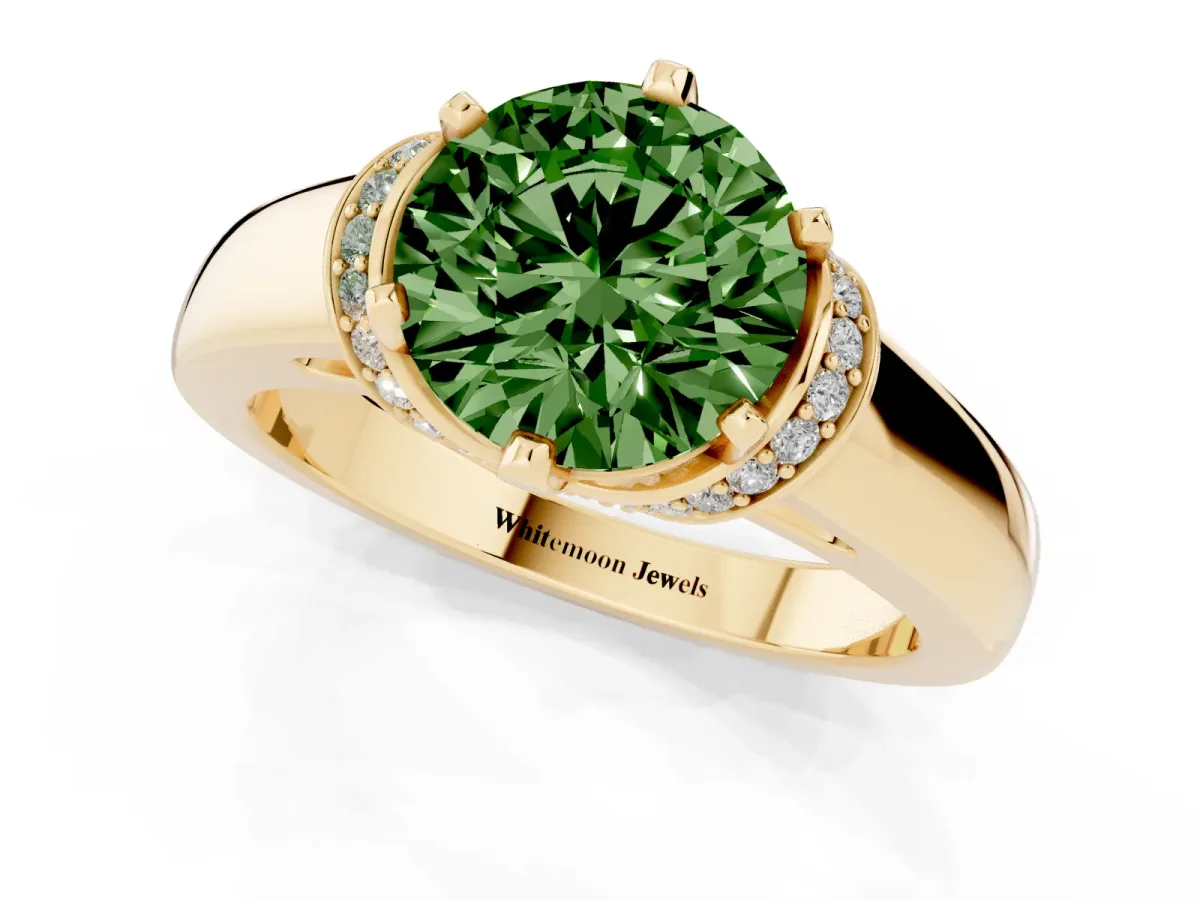 Fancy Green Round Cut Solitaire Diamond Ring with Pave Band and Six-Prong Setting Yellow gold