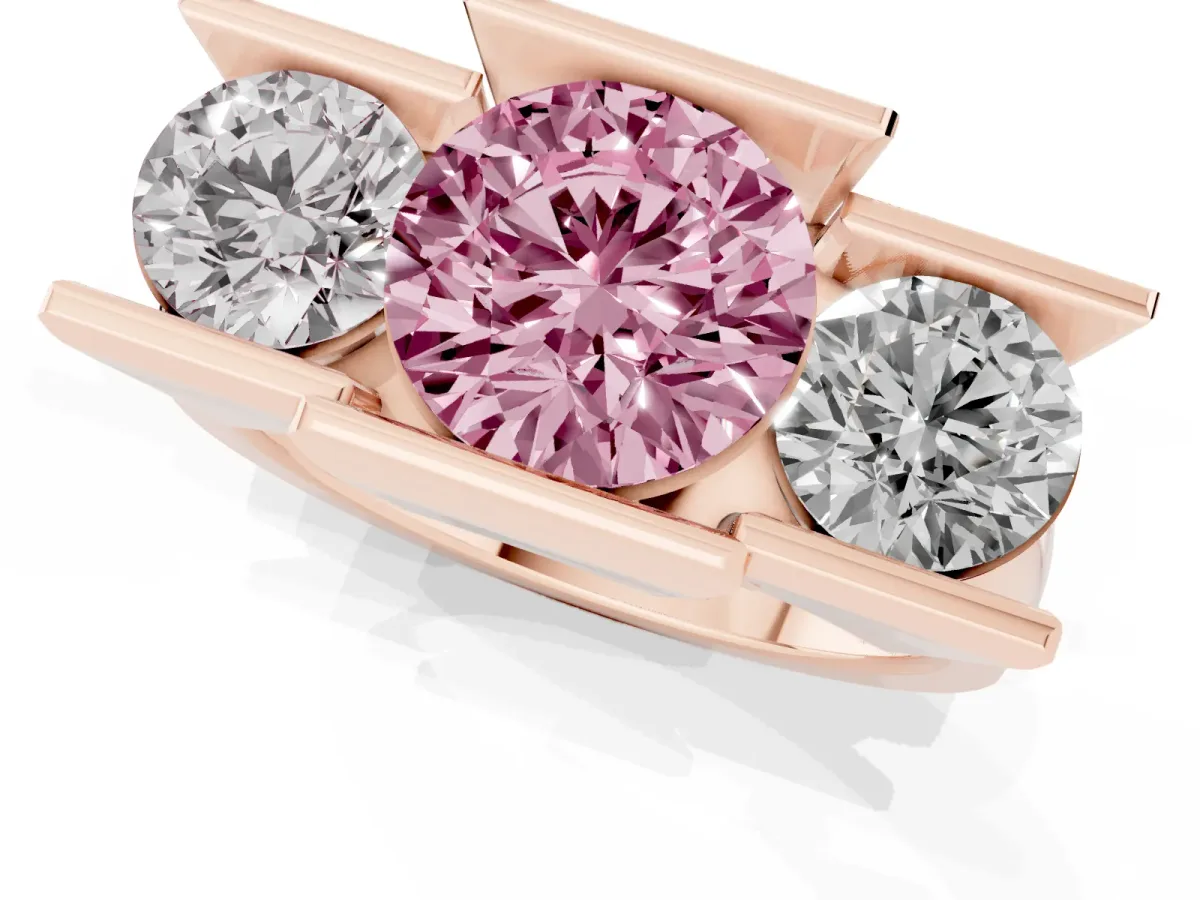 Fancy Pink Three Stone Round Cut Cut Channel Set Diamond Ring Rose gold