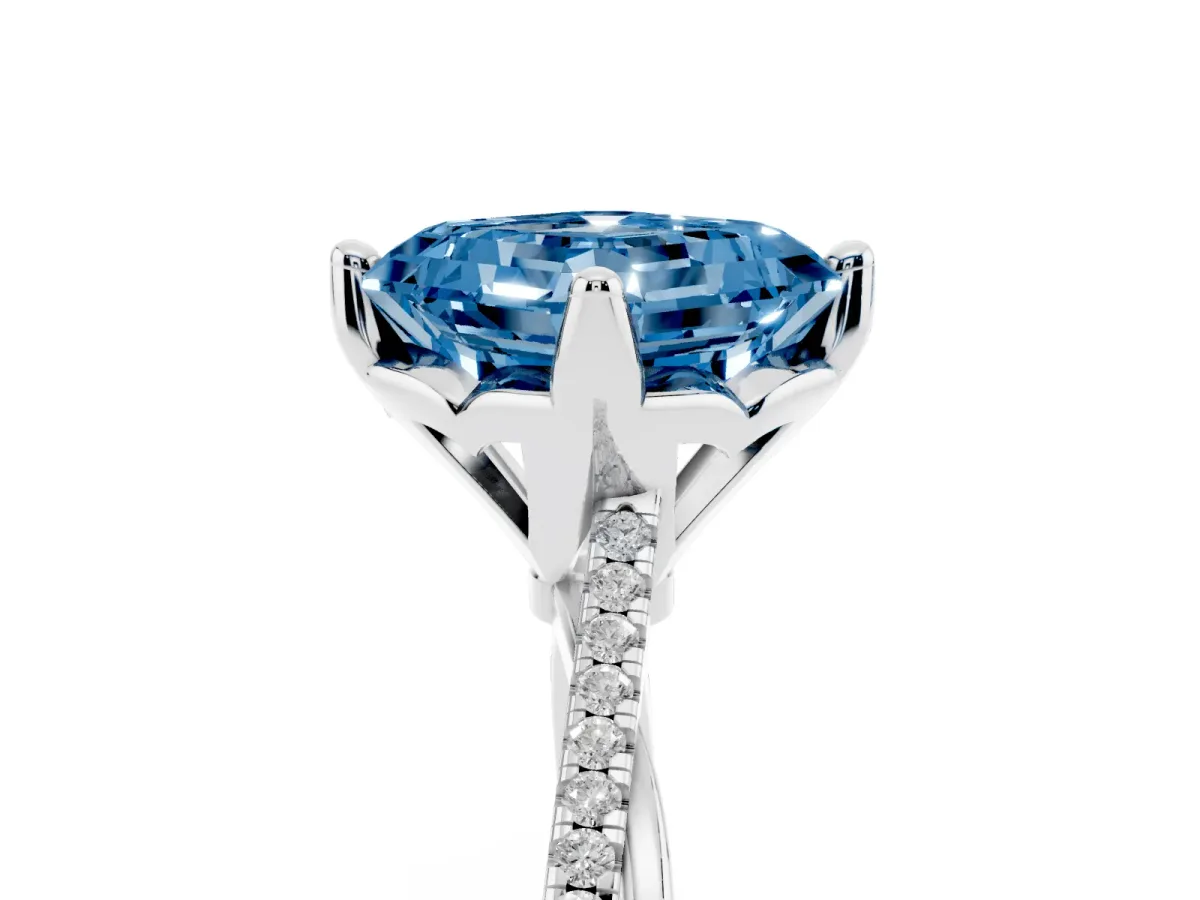 Fancy Blue Asscher Cut Solitaire Twist Band with Pavé Diamonds and Four-Prong Setting White gold