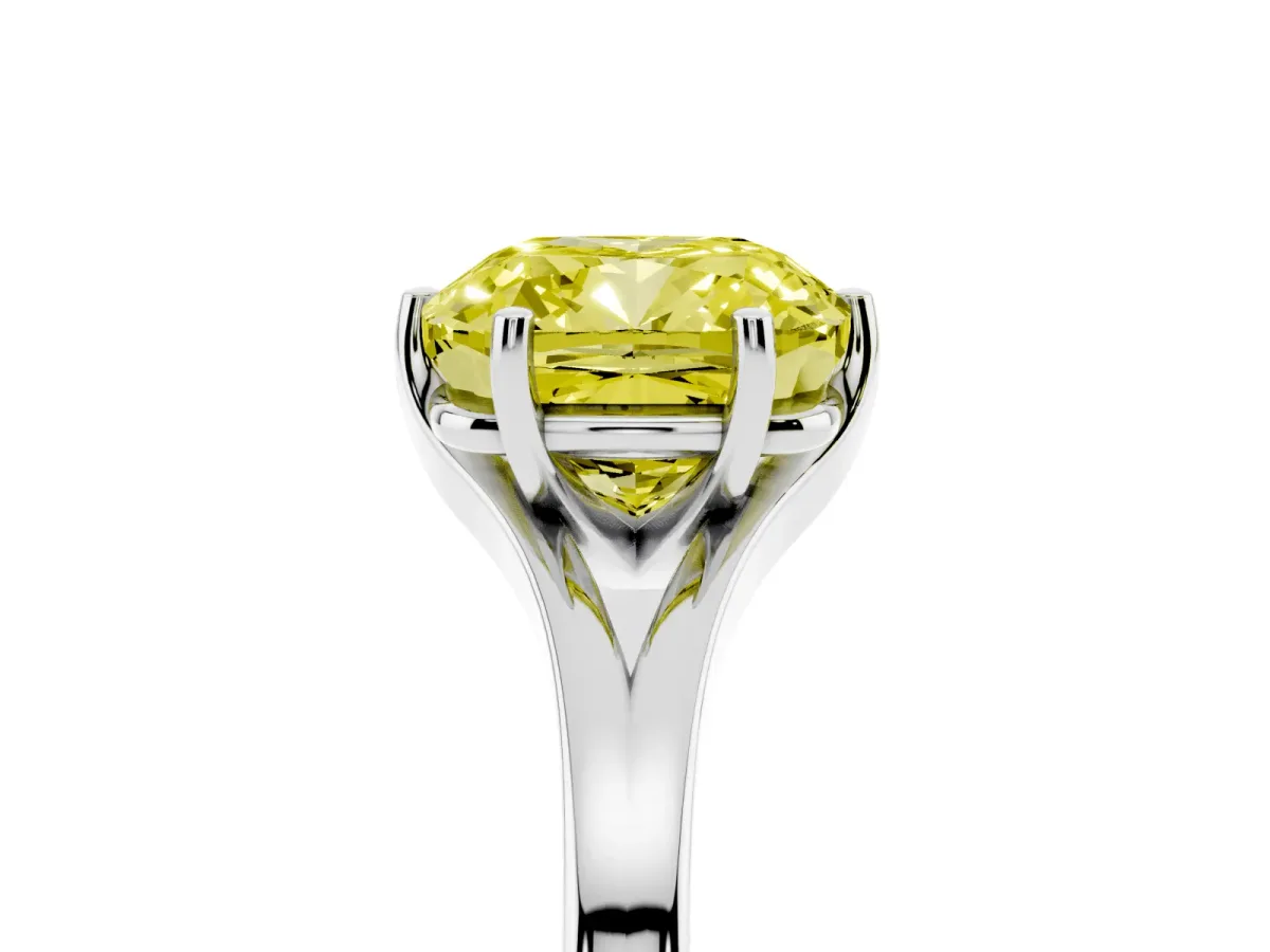 Fancy Yellow Cushion Cut Solitaire Diamond Ring with Six-Prong Setting and Tapered Band Silver