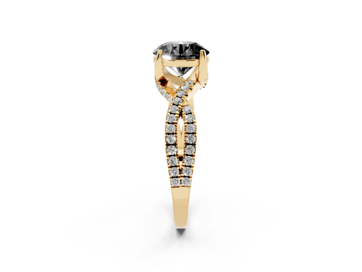 Fancy Black Round Cut Solitaire Twist Pave Diamond Engagement Ring with Prong Setting Yellow gold
