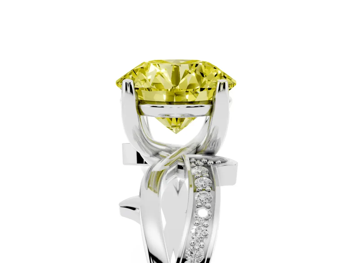 Fancy Yellow Round Cut Solitaire Twist Band with Pavé Accents and Four-Prong Setting White gold