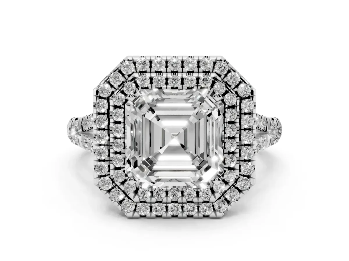 Asscher Cut Diamond Pavé Split Shank Double Halo Engagement Ring Silver