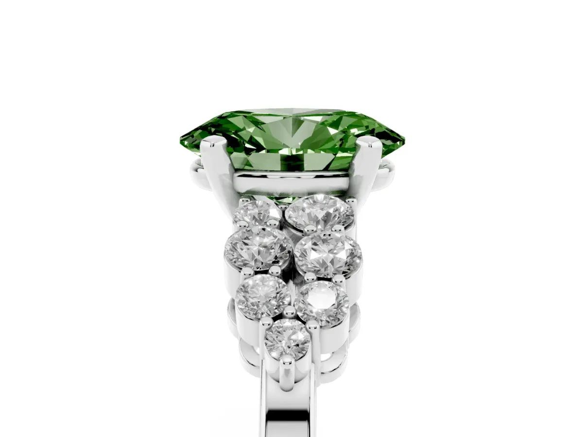 Fancy Green Oval Cut Cluster Diamond Engagement Ring with Pavé Band and Four-Prong Setting Platinum