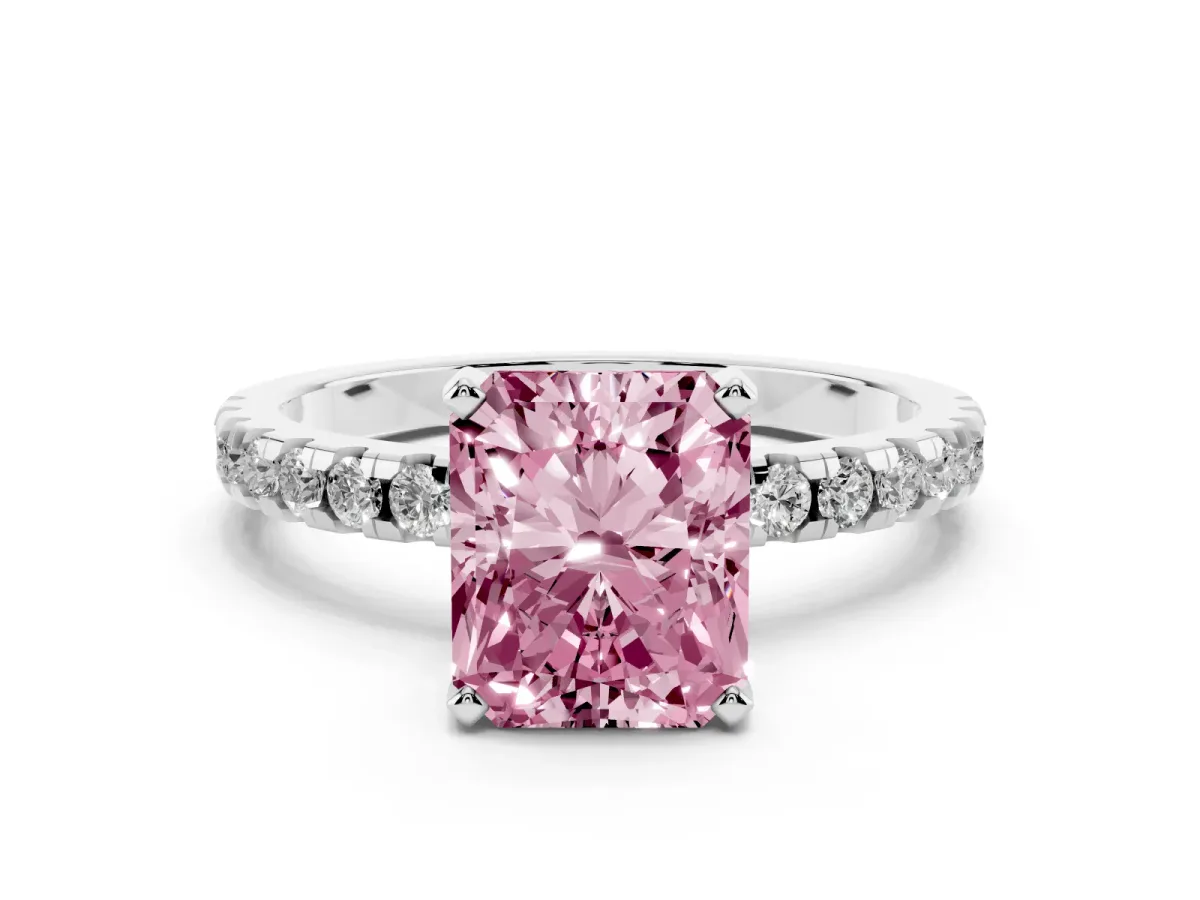 Fancy Pink Radiant Cut Diamond Solitaire Ring with Round Pavé Band and Four-Prong Setting Silver