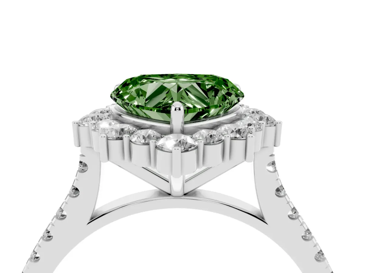 Fancy Green Heart Cut Halo Diamond Ring with Pavé Band and Prong Setting Silver