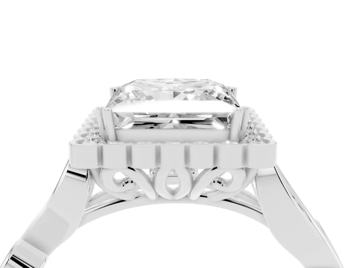 Princess Cut Diamond Halo Ring with Vintage Split Shank and Four-Prong Setting Silver