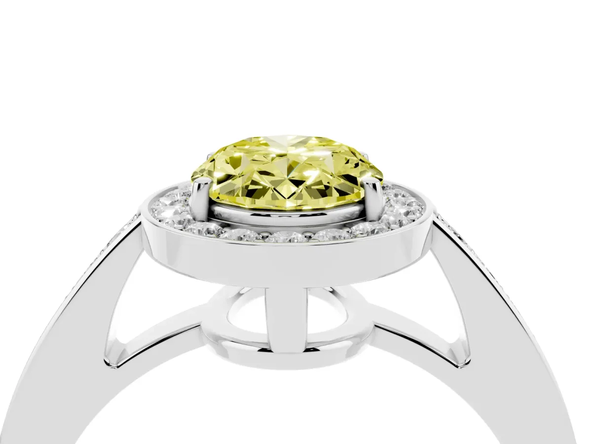 Fancy Yellow Oval Cut Halo Pavé Diamond Engagement Ring with Bezel Setting Silver