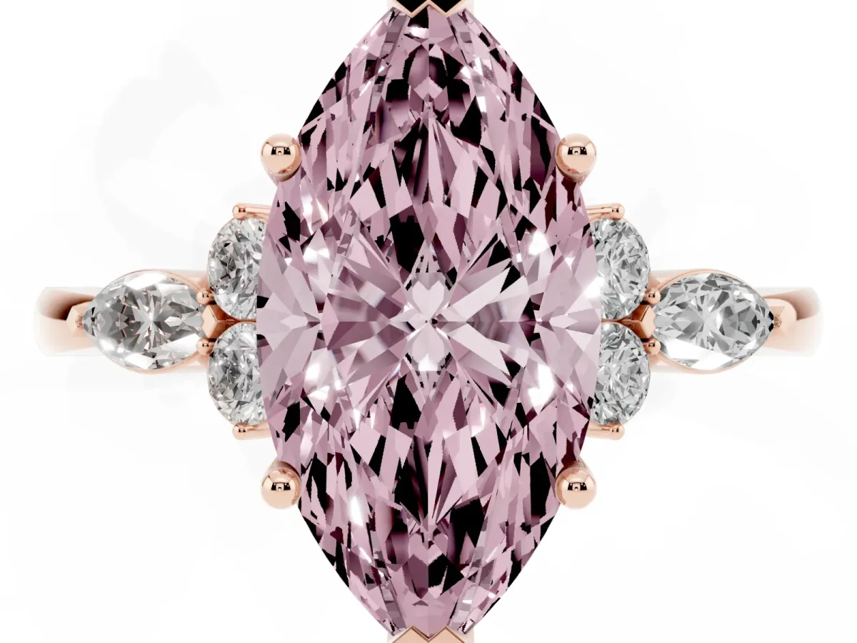Fancy Pink Marquise Cut Brilliant Diamond Solitaire Ring with Pear Side Stones and Four-Prong Setting Rose gold