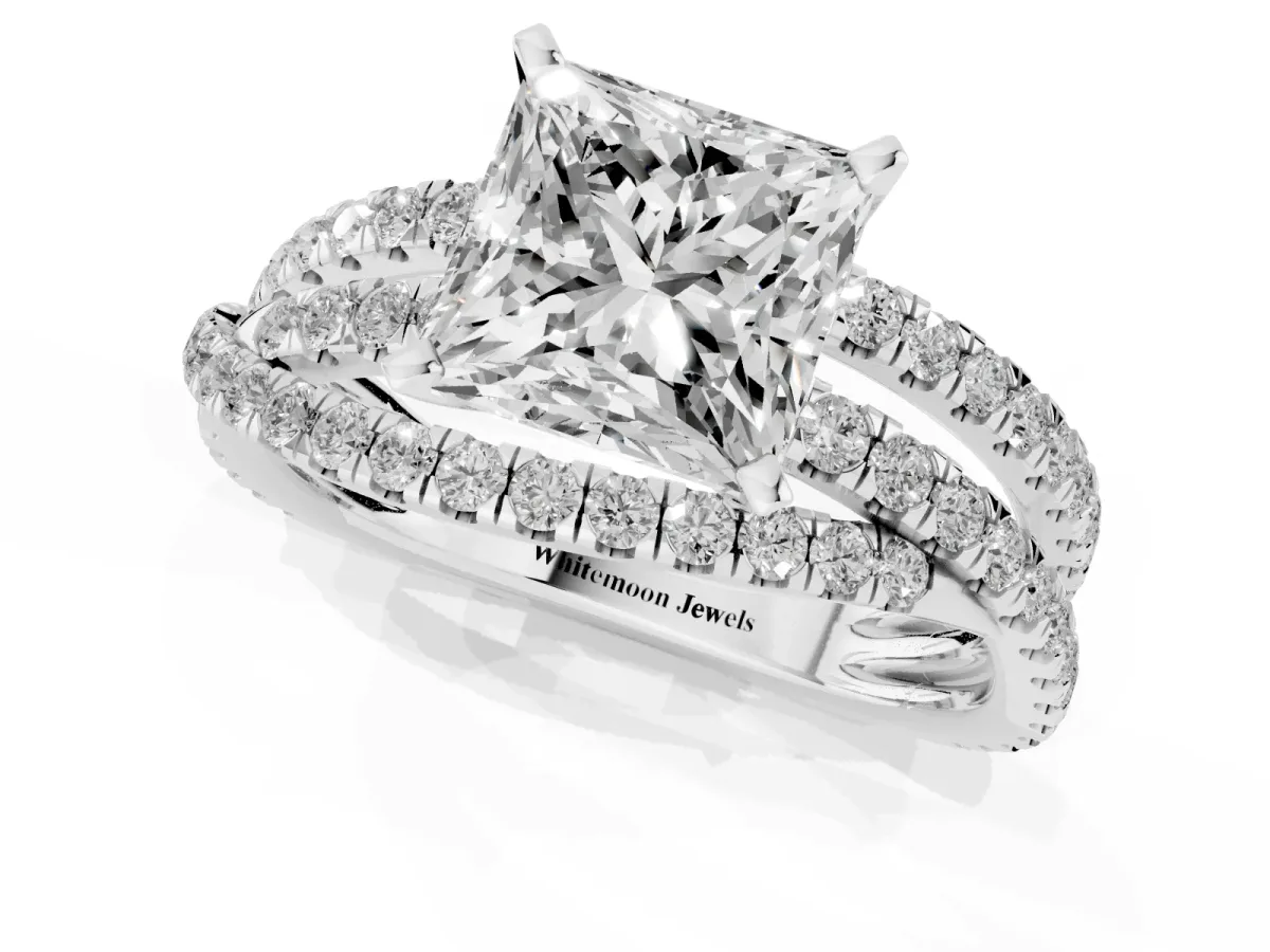 Princess Cut Solitaire Twist Band with Pavé Setting and Four-Prong Setting Silver