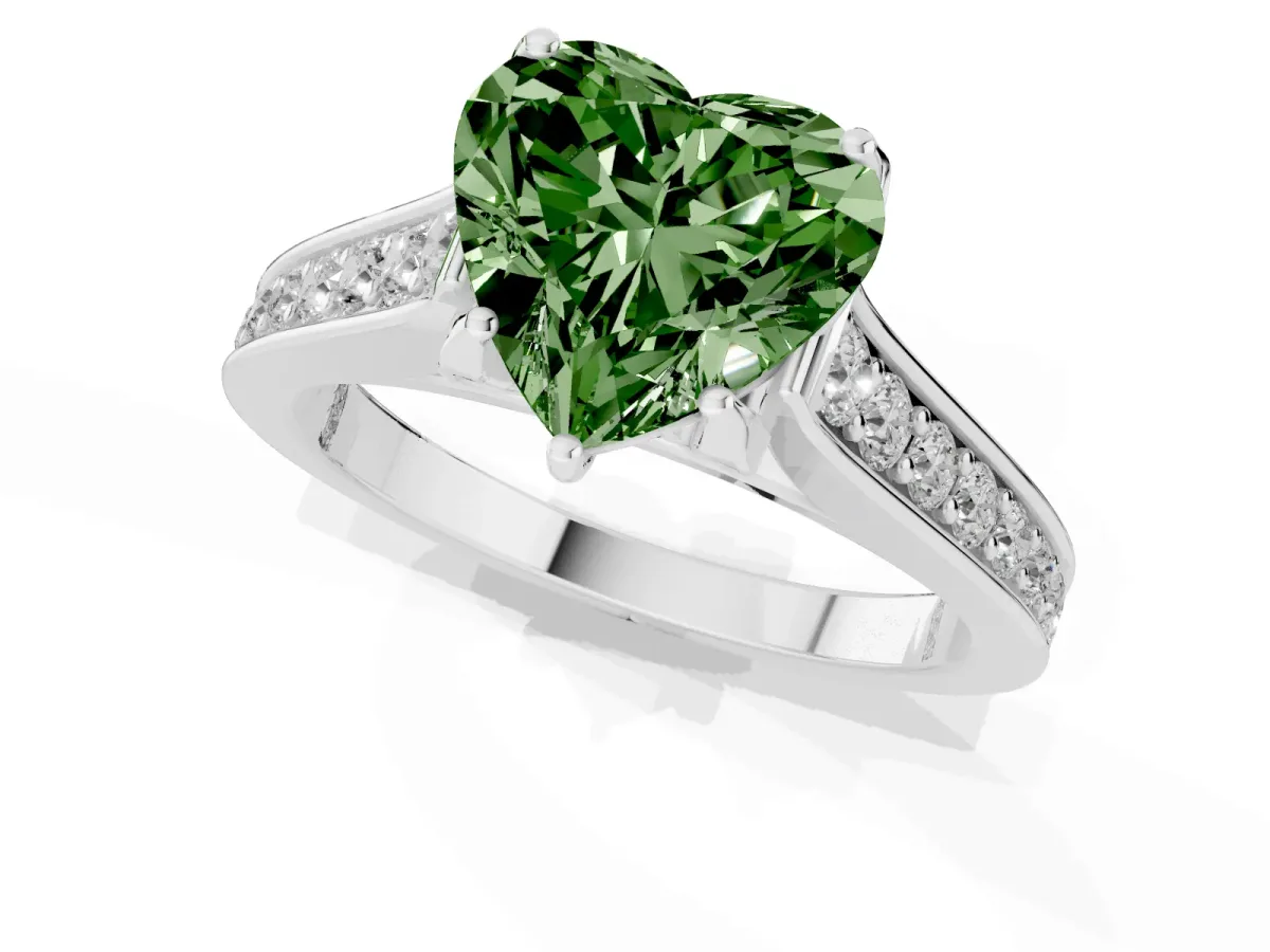 Fancy Green Heart Cut Brilliant Cut Diamond Engagement Ring with Pavé Band and Four-Prong Setting Platinum