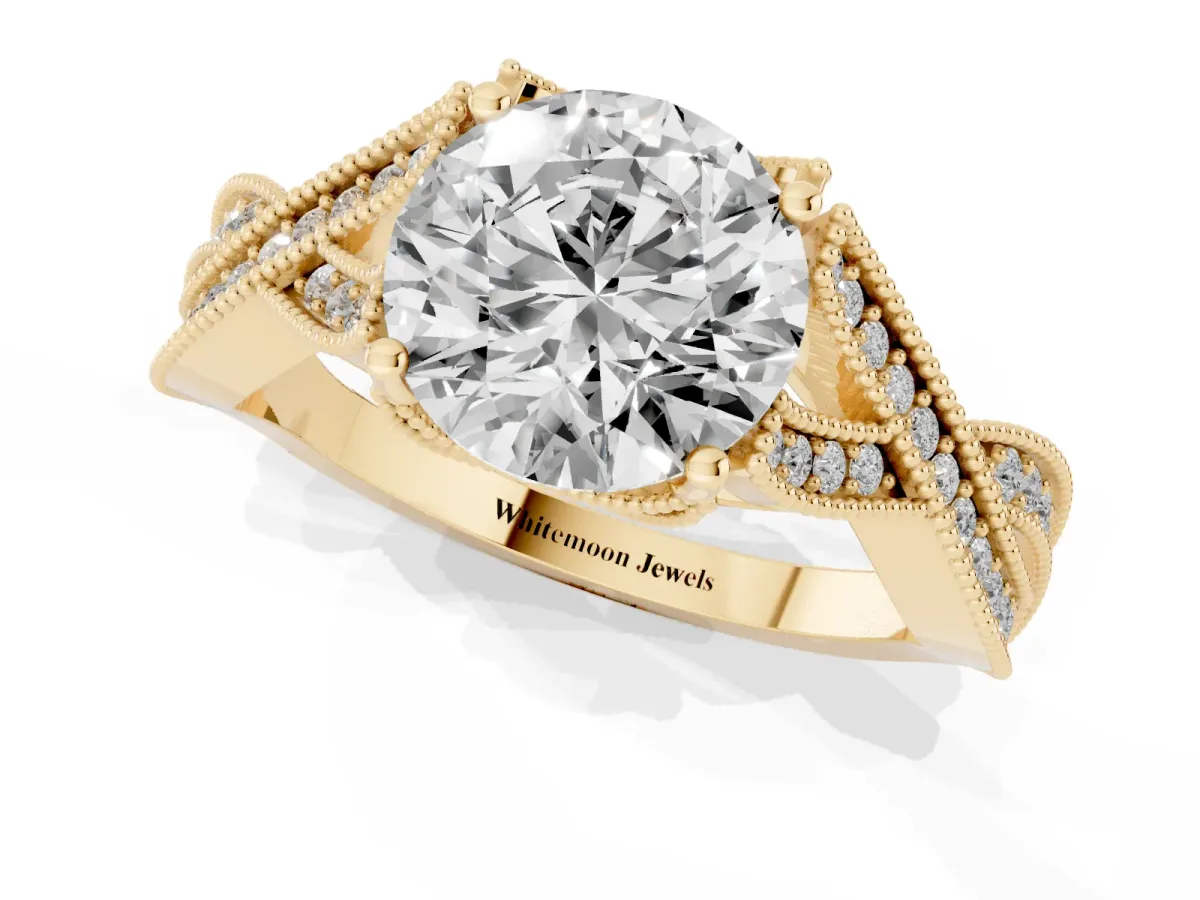Round Cut Cut Diamond Twisted Band with Milgrain Pave Setting and Four-Prong Setting Yellow gold