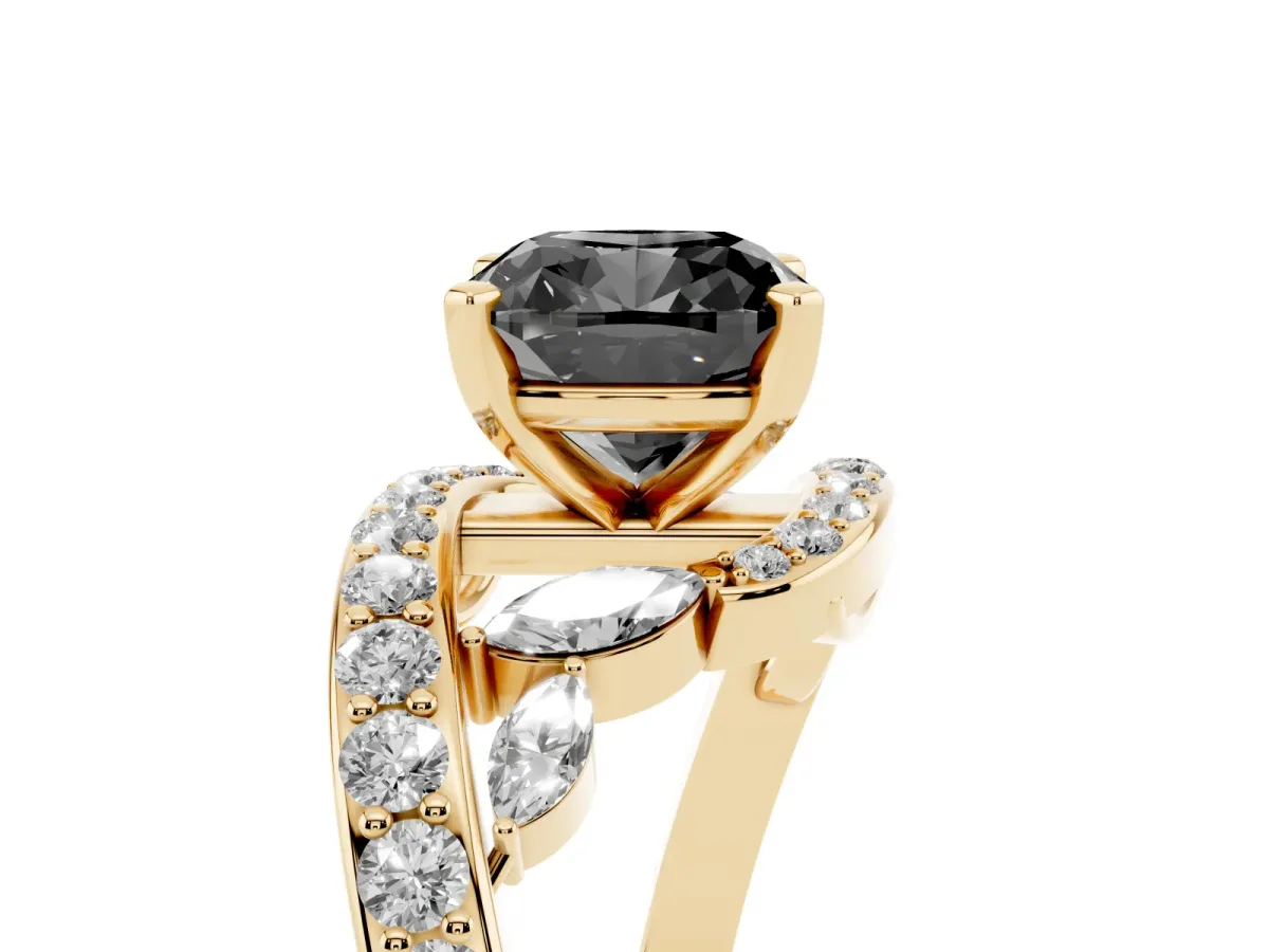 Fancy Black Cushion Cut Diamond Solitaire Ring with Filigree Band and Four-Prong Setting Yellow gold
