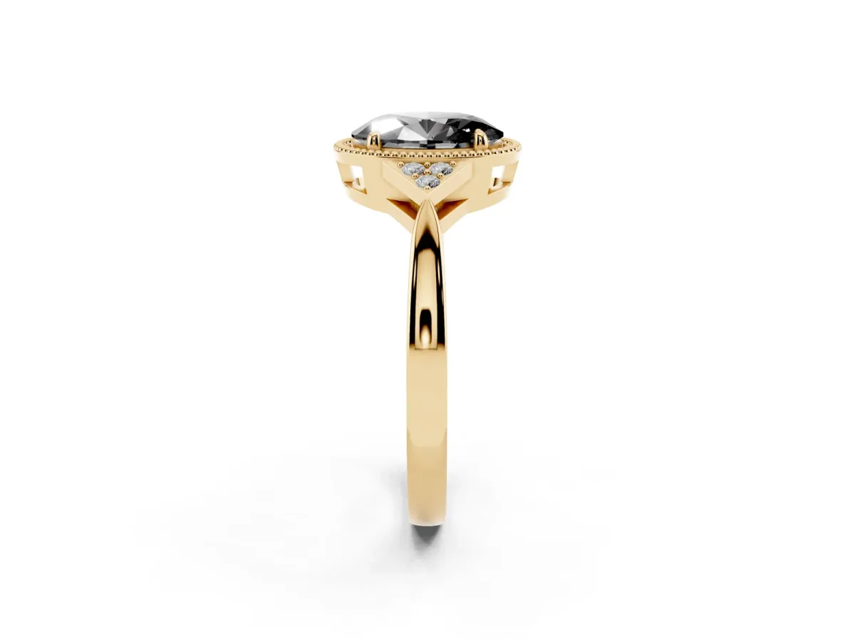 Fancy Black Hexagonal Halo Oval Cut Diamond Solitaire with Pavé Band and Four-Prong Setting Yellow gold