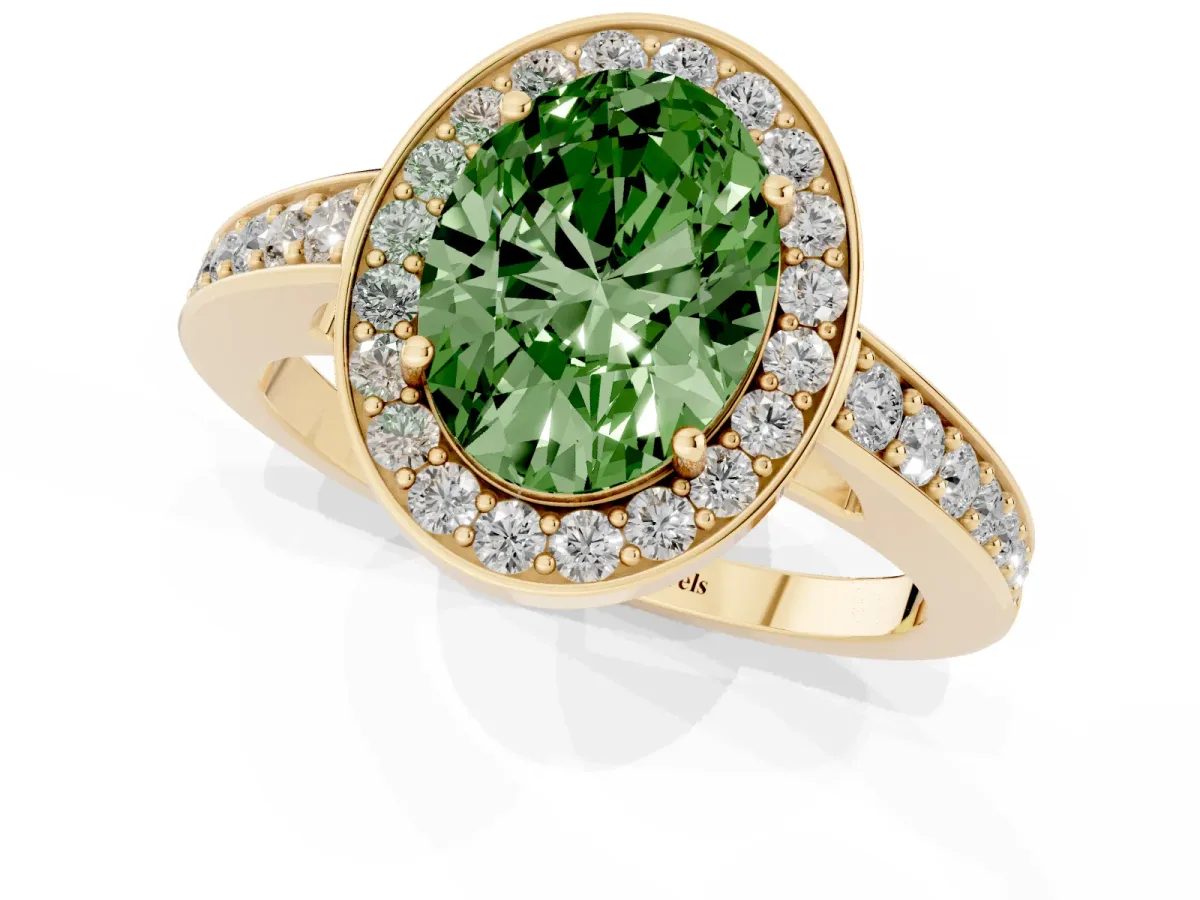 Fancy Green Oval Cut Halo Pavé Diamond Engagement Ring with Bezel Setting Yellow gold
