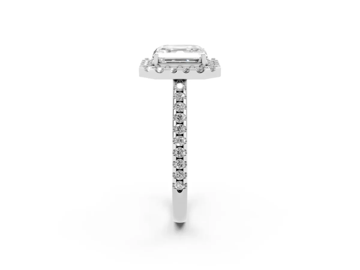 Asscher Cut Diamond Pavé Halo Ring with Four-Prong Setting Silver