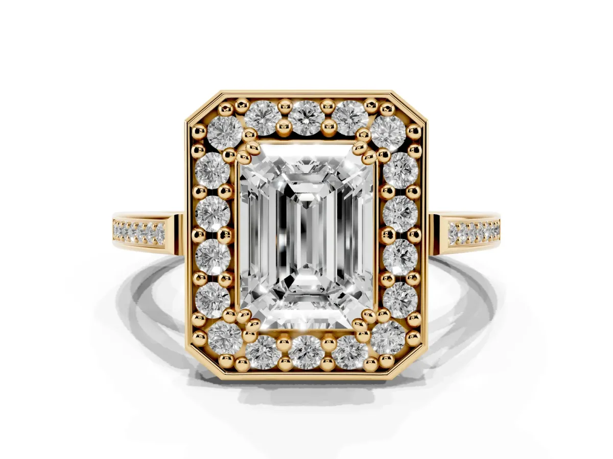 Emerald Cut Diamond Halo Ring with Split Shank and Four-Prong Setting Yellow gold