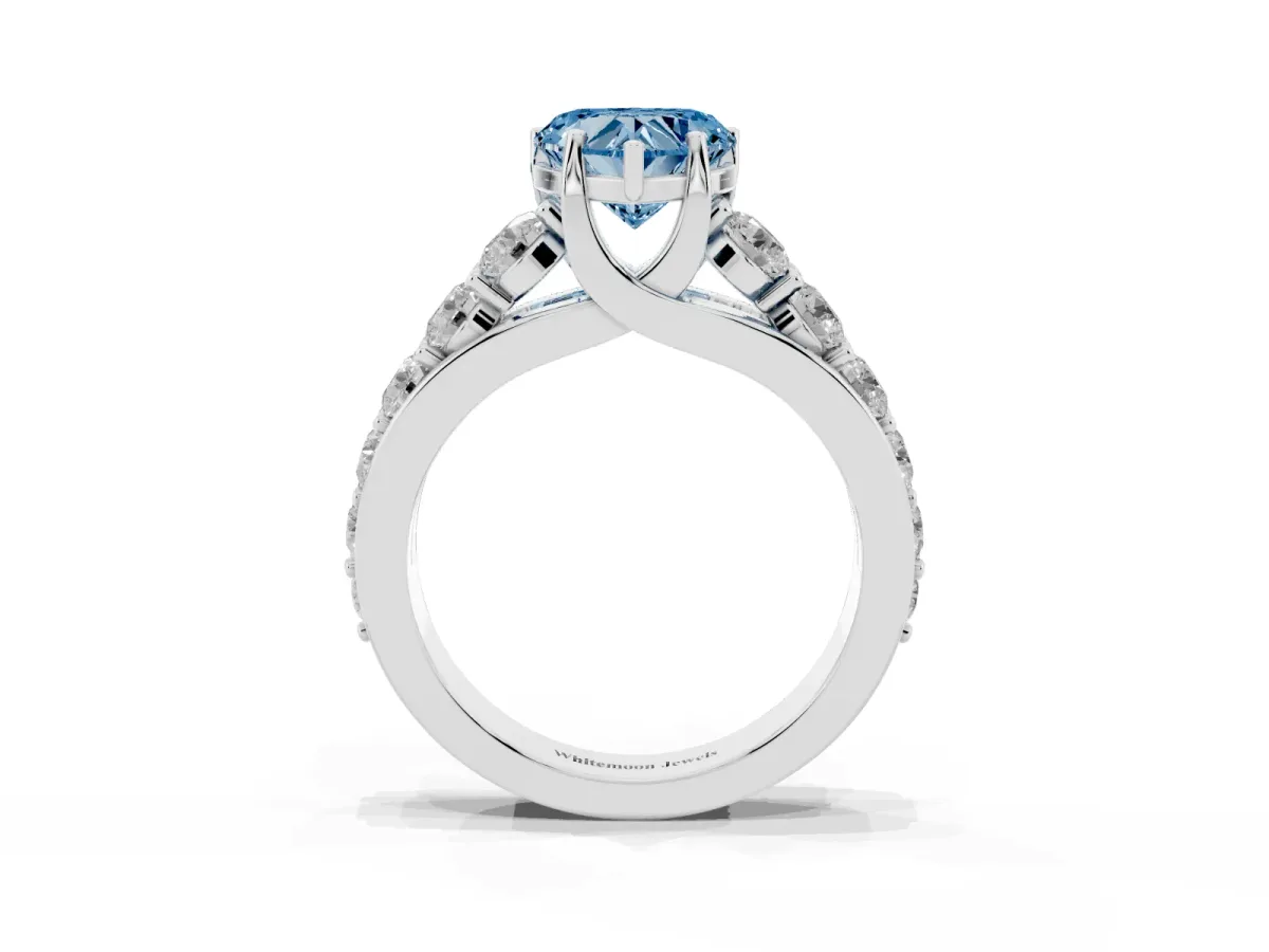 Fancy Blue Heart Cut Diamond Engagement Ring with Pavé Band and Four-Prong Setting Platinum