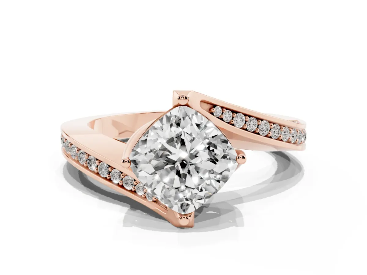 Cushion Cut Solitaire Diamond Twist Band with Pavé Setting and Four-Prong Setting Rose gold