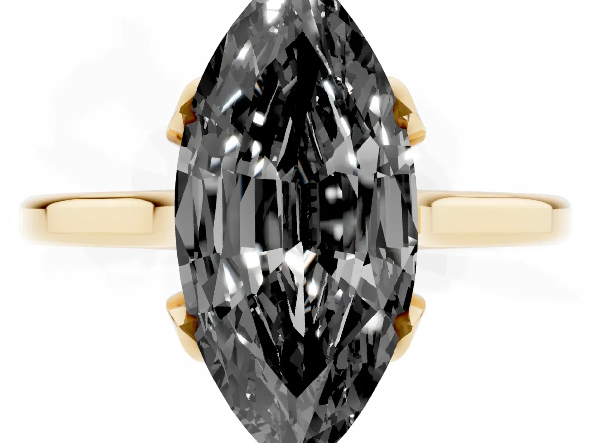 Fancy Black Marquise Cut Diamond Solitaire Ring with Flower Prong Setting and Classic Band Yellow gold