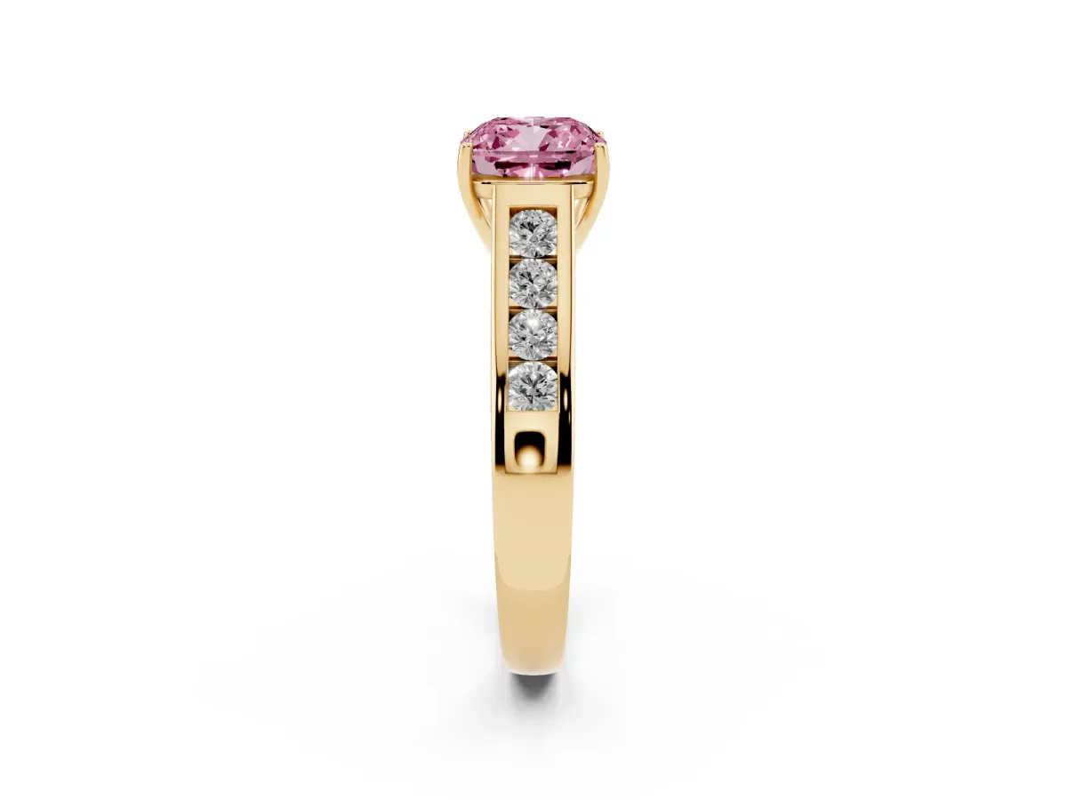 Fancy Pink Cushion Cut Brilliant Channel-Set Solitaire Ring with Four-Prong Setting Yellow gold