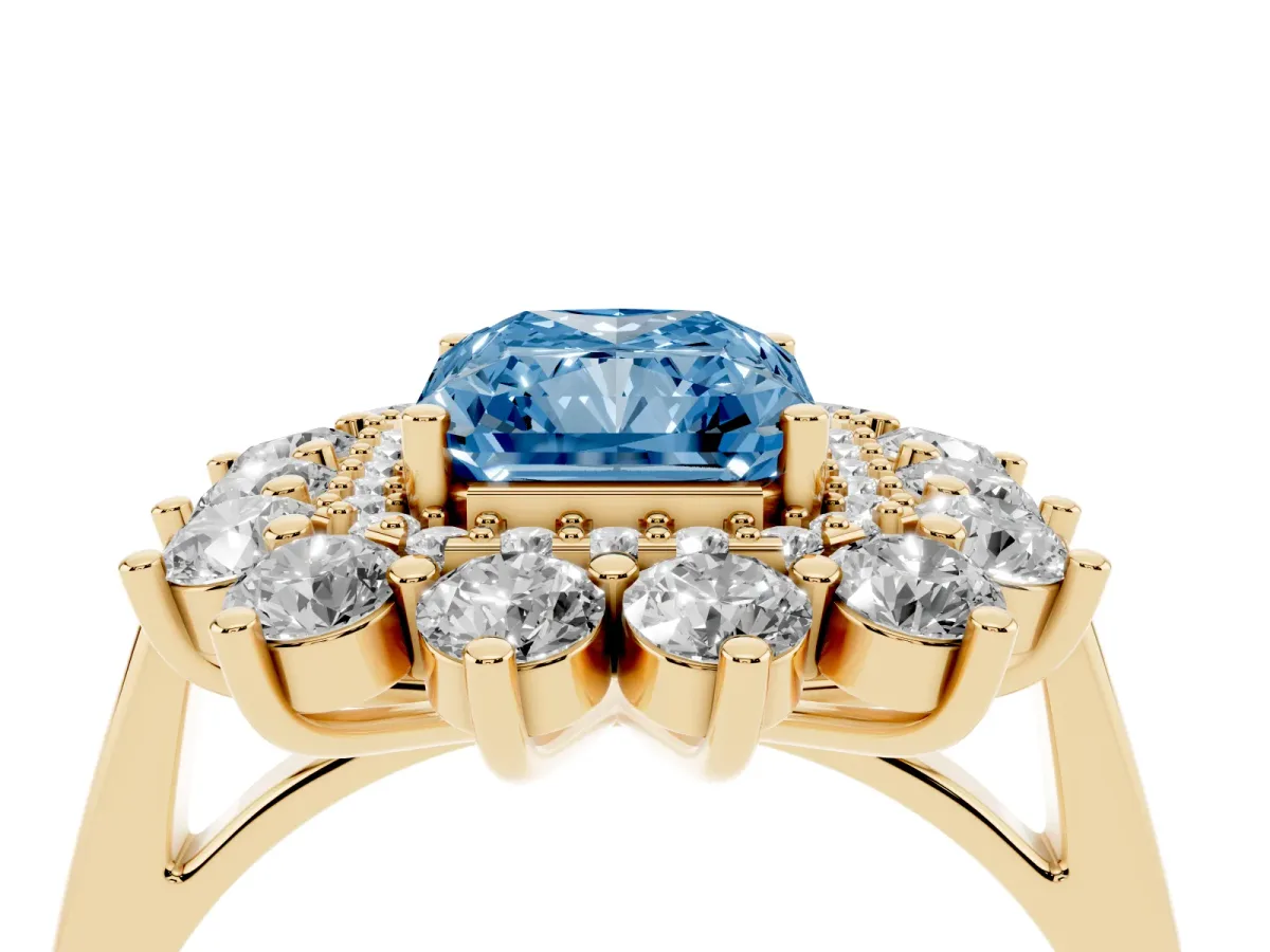 Fancy Blue Radiant Cut Diamond Floral Double Halo Engagement Ring with Prong Setting Yellow gold