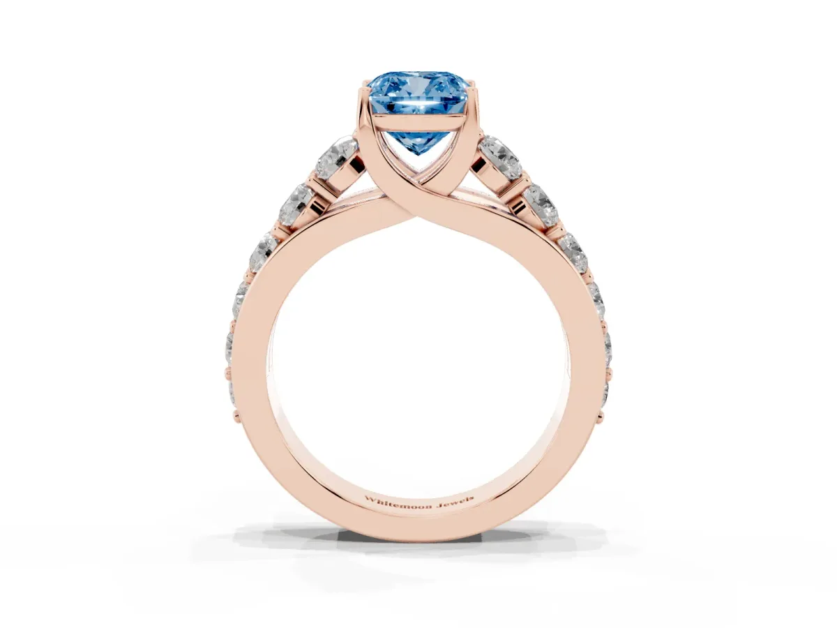Fancy Blue Cushion Cut Diamond Engagement Ring with Pavé Band and Four-Prong Setting Rose gold