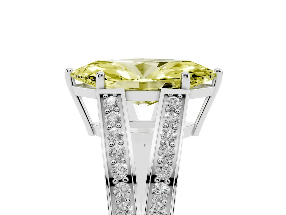 Fancy Yellow Marquise Cut Diamond Split Shank Ring with Pavé Band and Four-Prong Setting Platinum