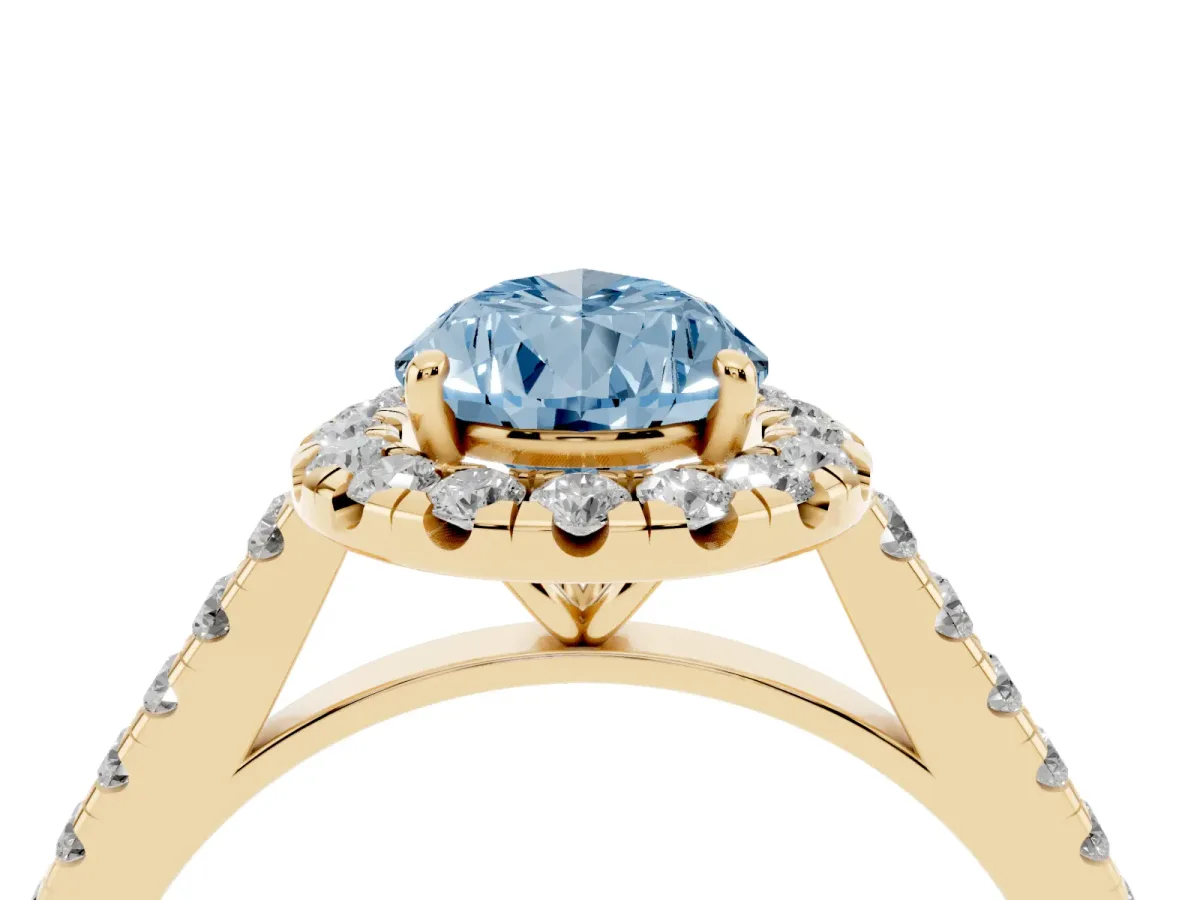 Fancy Blue Pear Cut Halo Pave Diamond Engagement Ring with Four-Prong Setting Yellow gold