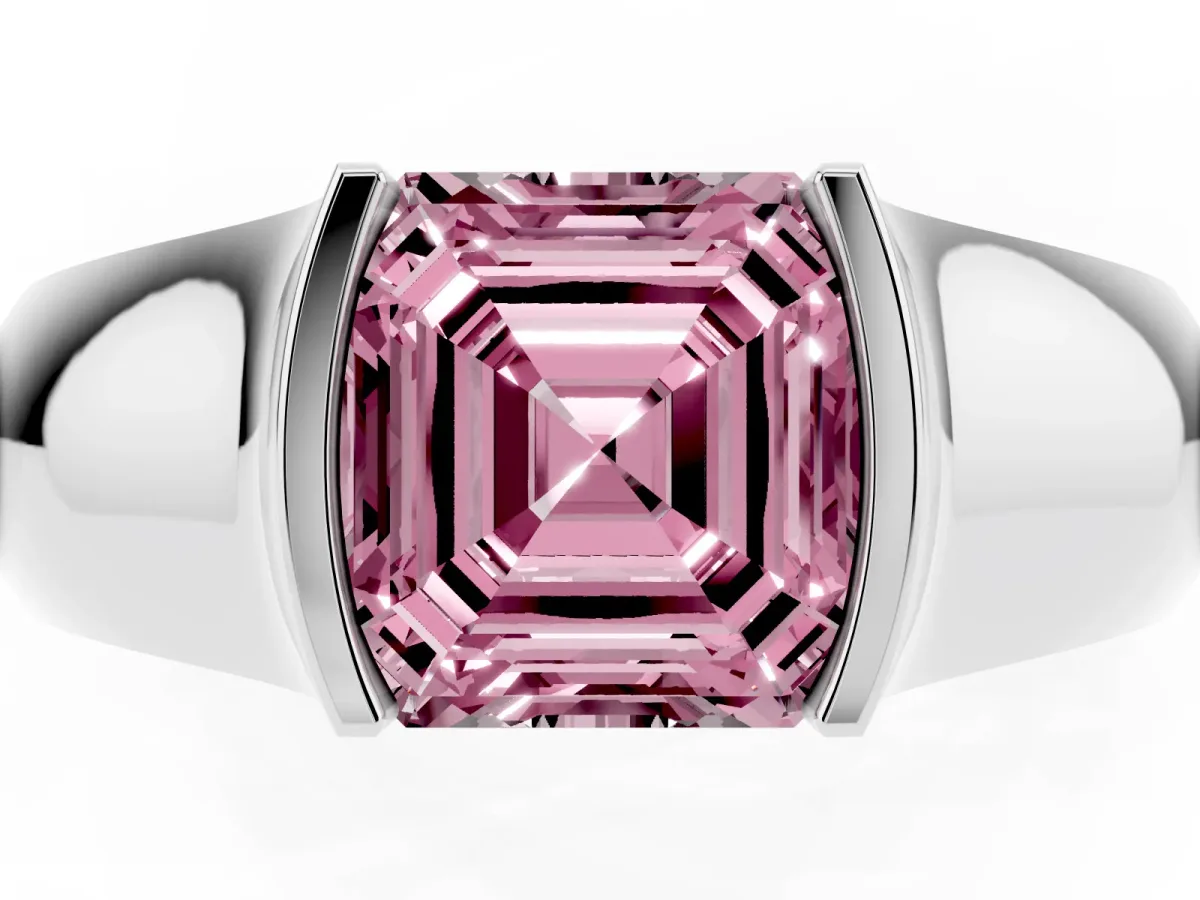 Fancy Pink Asscher Cut Solitaire Bezel Set Diamond Ring with Wide Band Silver