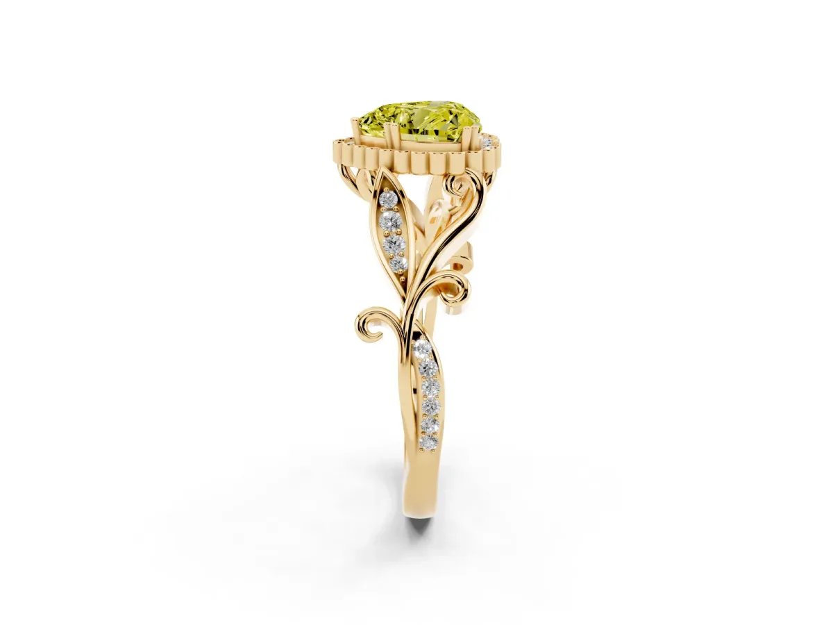 Fancy Yellow Heart Cut Diamond Halo Ring with Vintage Split Shank and Four-Prong Setting Yellow gold