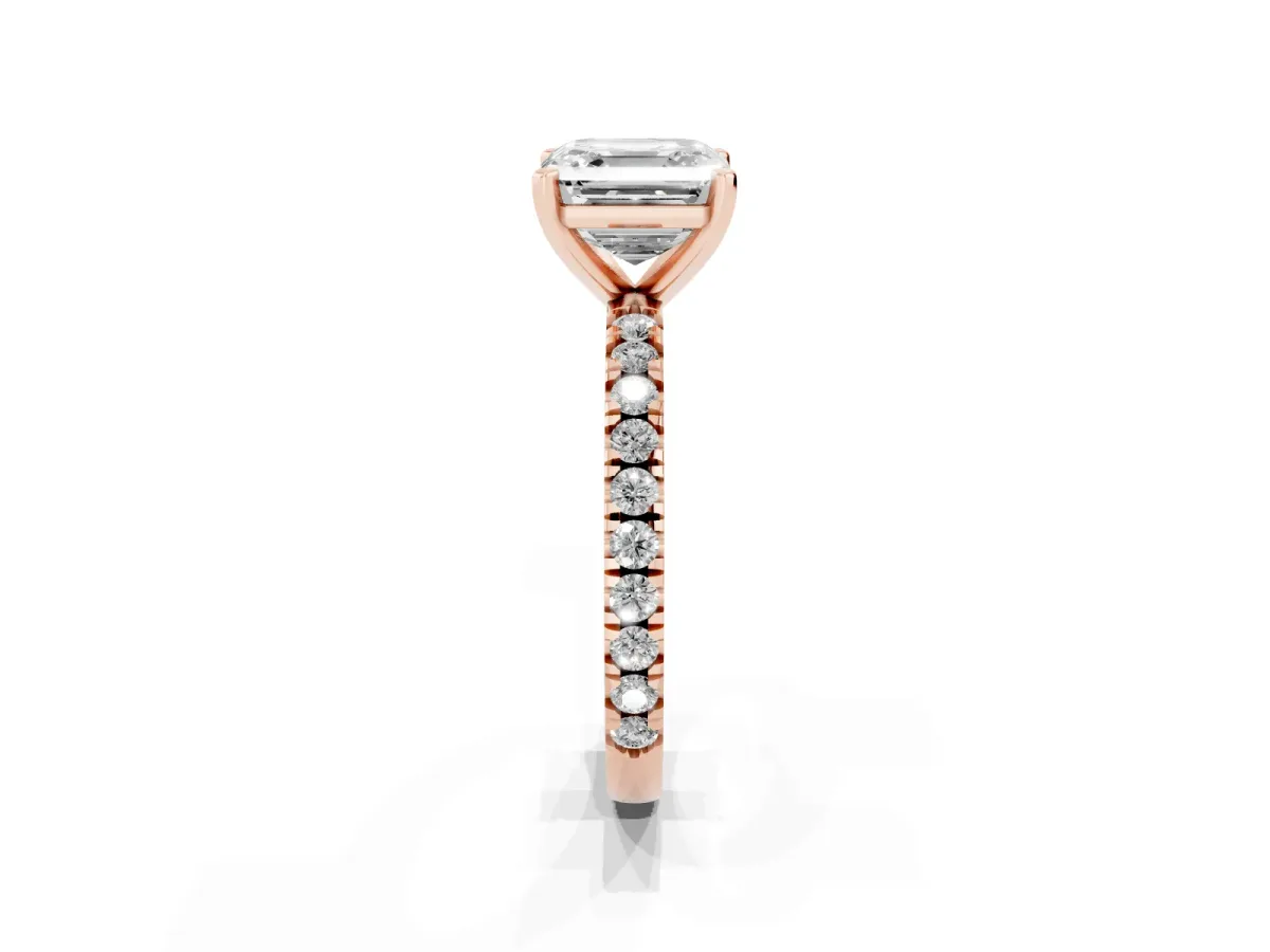 Asscher Cut Diamond Pavé Band Solitaire with Four-Prong Setting Rose gold