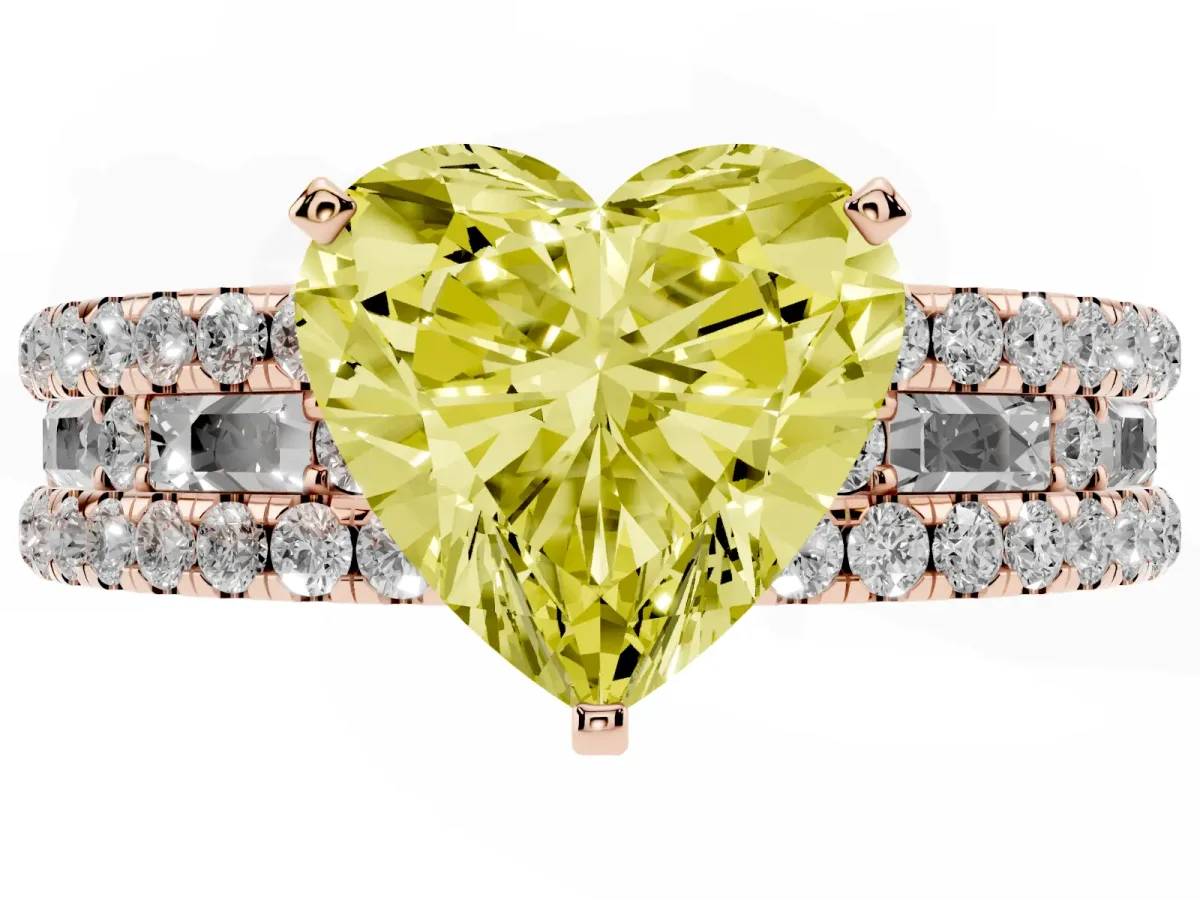Fancy Yellow Heart Cut Diamond Solitaire Ring with Pavé and Channel Set Band Rose gold