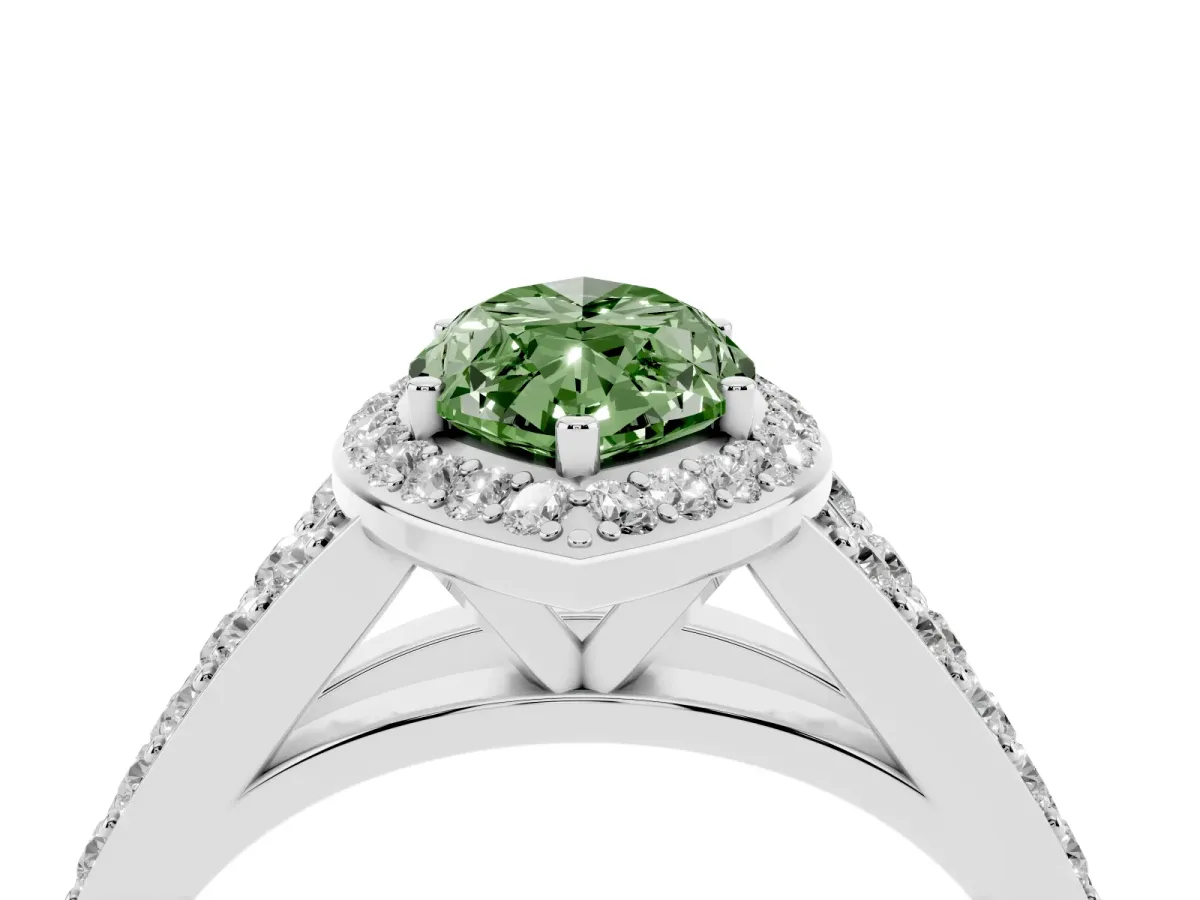 Fancy Green Marquise Cut Diamond Split Shank Halo Ring with Four-Prong Setting Platinum