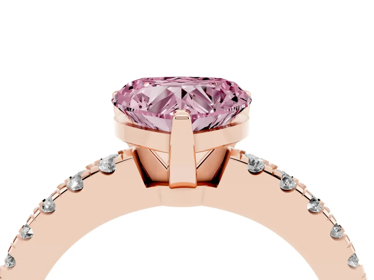Fancy Pink Heart Cut Solitaire Diamond with Pavé Band and Four-Prong Setting Rose gold
