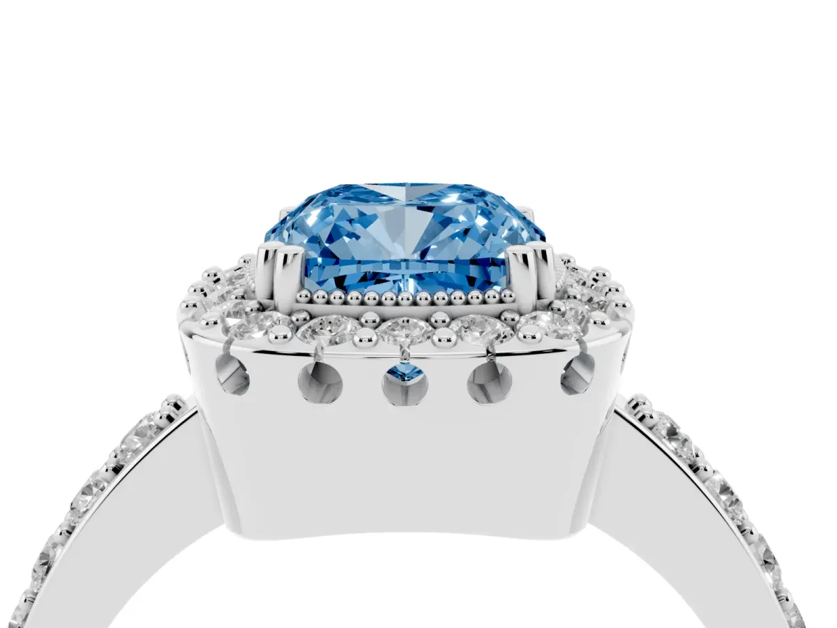 Fancy Blue Cushion Cut Diamond Halo Ring with Pavé Band and Prong Setting Platinum