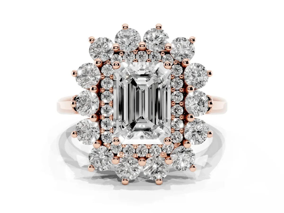 Emerald Cut Diamond Floral Double Halo Engagement Ring with Prong Setting Rose gold