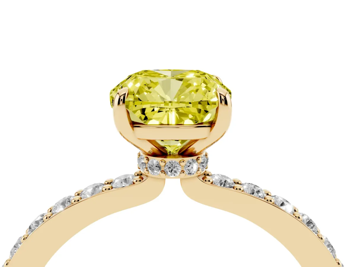 Fancy Yellow Cushion Cut Diamond Solitaire Engagement Ring with Pavé Band and Four-Prong Setting Yellow gold
