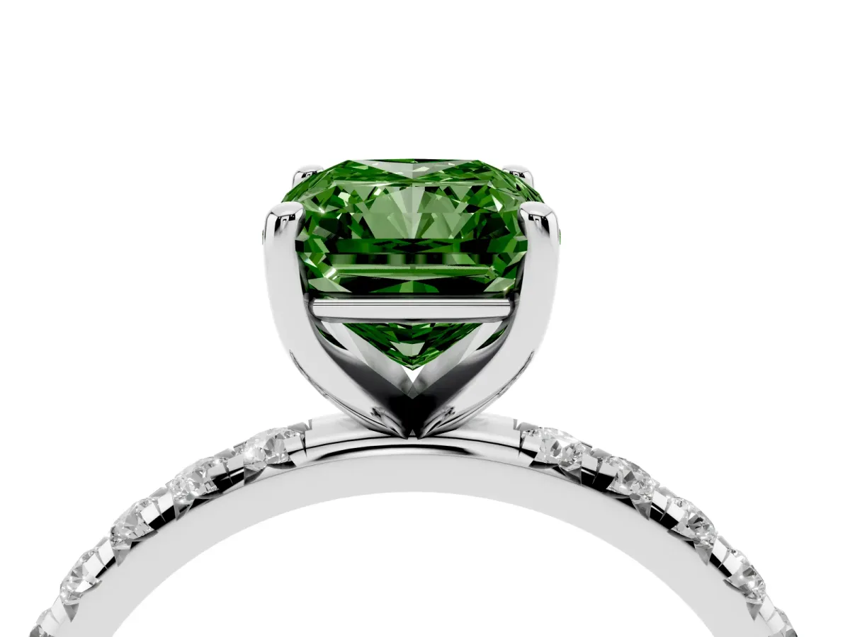 Fancy Green Radiant Cut Cut Diamond Solitaire Ring with Micro Pave Band and Four Prong Setting White gold