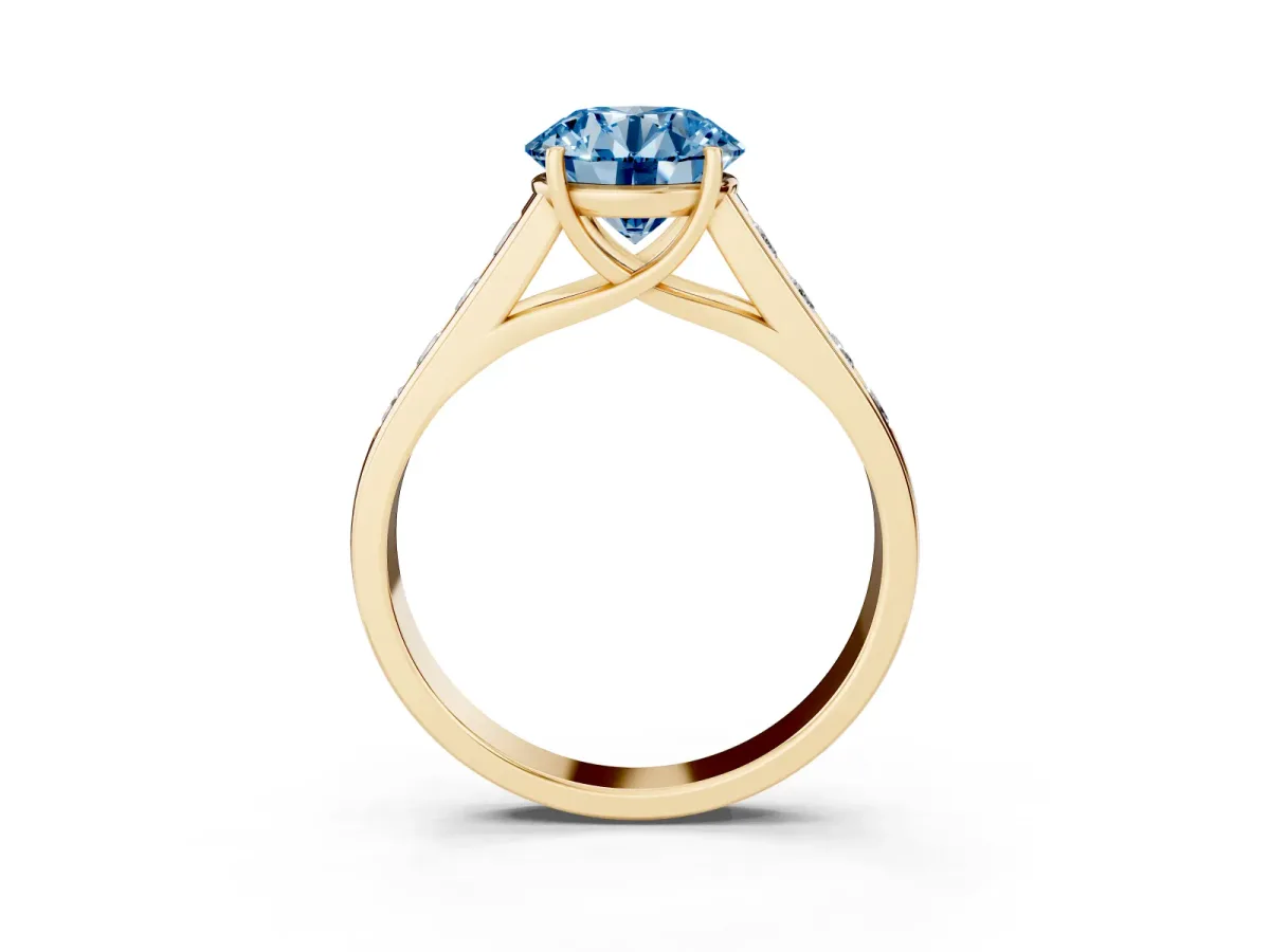 Fancy Blue Round Cut Solitaire Channel-Set Diamond Engagement Ring with Four-Prong Setting Yellow gold