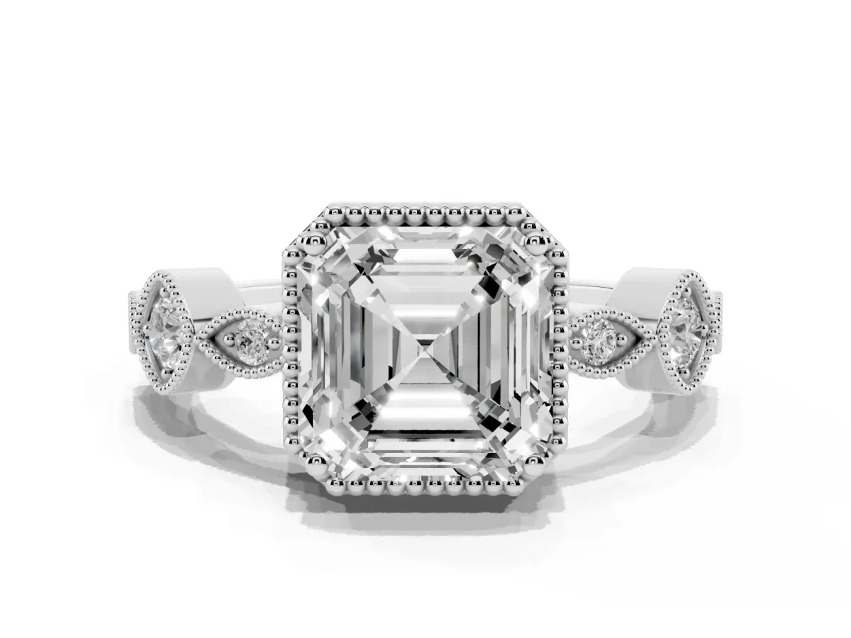 Asscher Cut Diamond Vintage Milgrain Ring with Round Stations Platinum