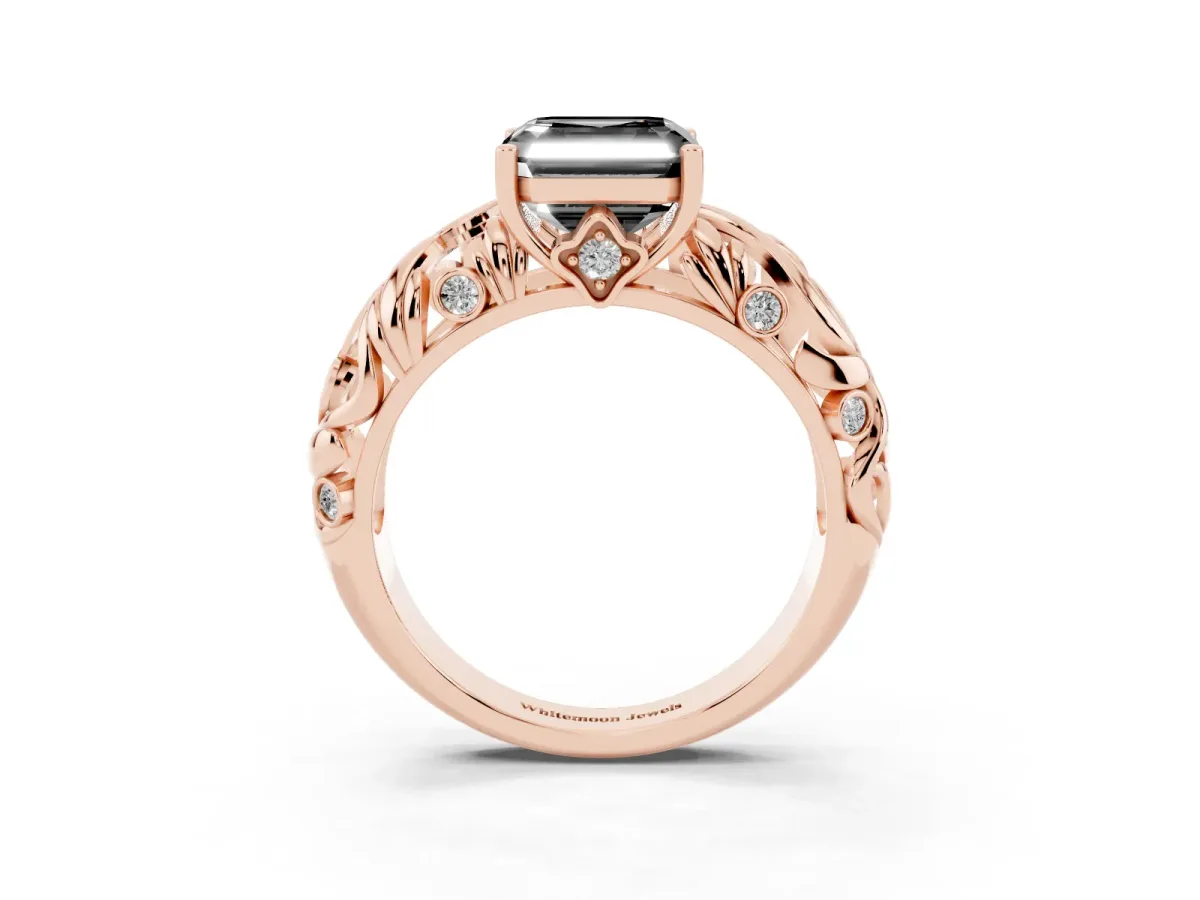 Fancy Black Asscher Cut Solitaire Diamond Leaf-Inspired Vine Band Ring with Prong Setting Rose gold