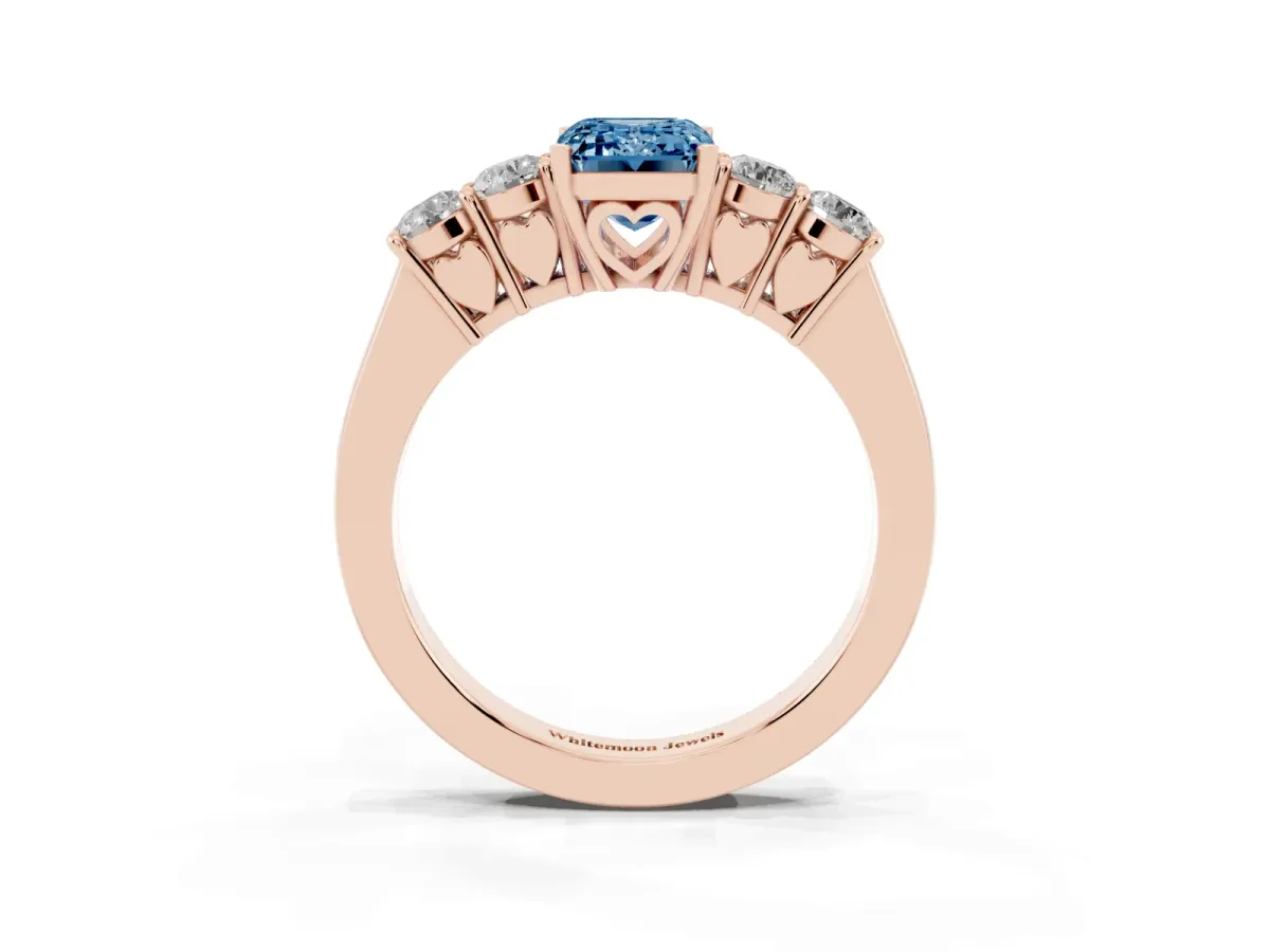 Fancy Blue Emerald Cut Cut Diamond Five-Stone Prong Set White Gold Ring Rose gold