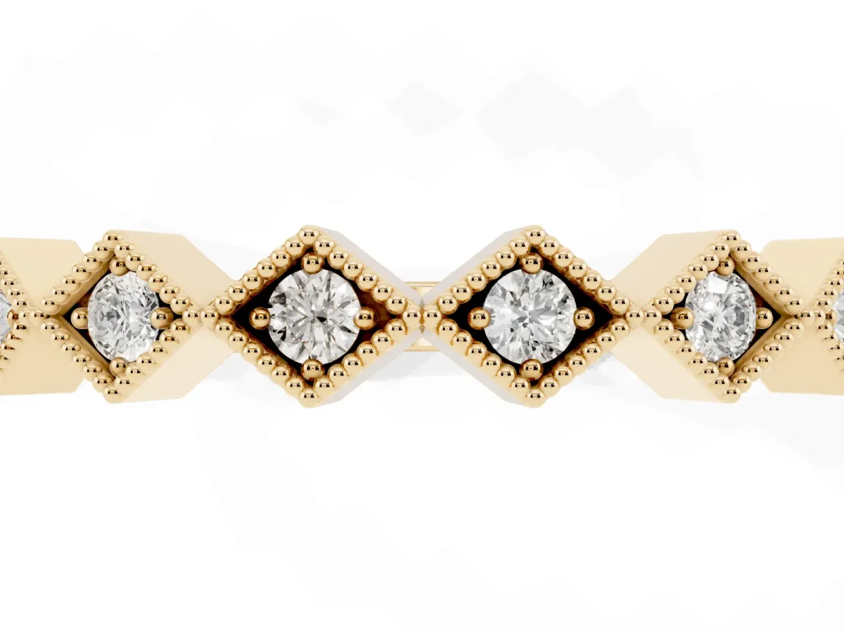 Milgrain Diamond Geometric Stackable Band with Round Cut Stones and Bezel Setting Yellow gold