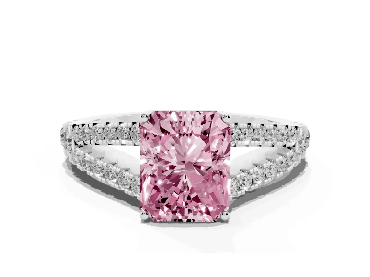 Fancy Pink Radiant Cut Diamond Split Shank Engagement Ring with Round Pavé and Prong Setting Silver