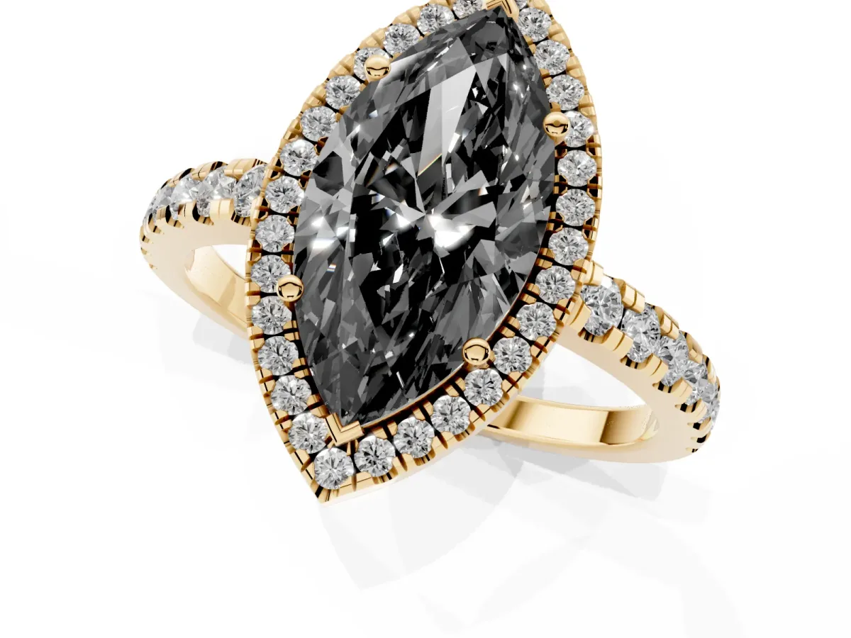 Fancy Black Marquise Cut Diamond Halo Ring with Pavé Band and Four-Prong Setting Yellow gold