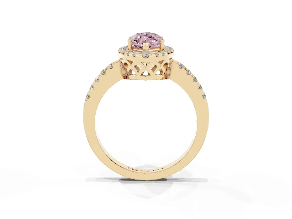 Fancy Pink Marquise Cut Halo Diamond Engagement Ring with Pavé Band and Four-Prong Setting Yellow gold